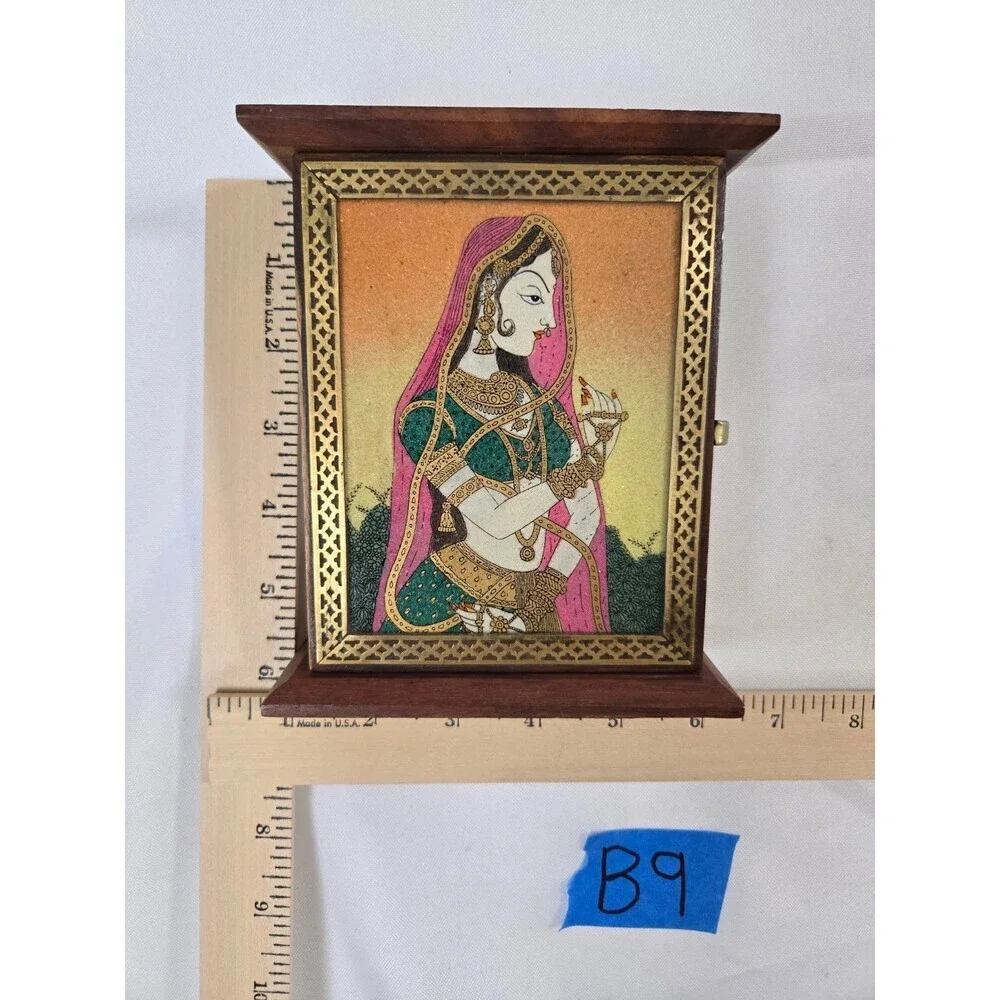 Indian Art Gemstone Painting Wooden Trinket Jewelry Box